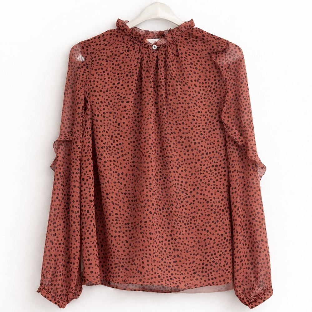 LOFT Sheer Animal Print Ruffle Neck Blouse Rust Black Size Small